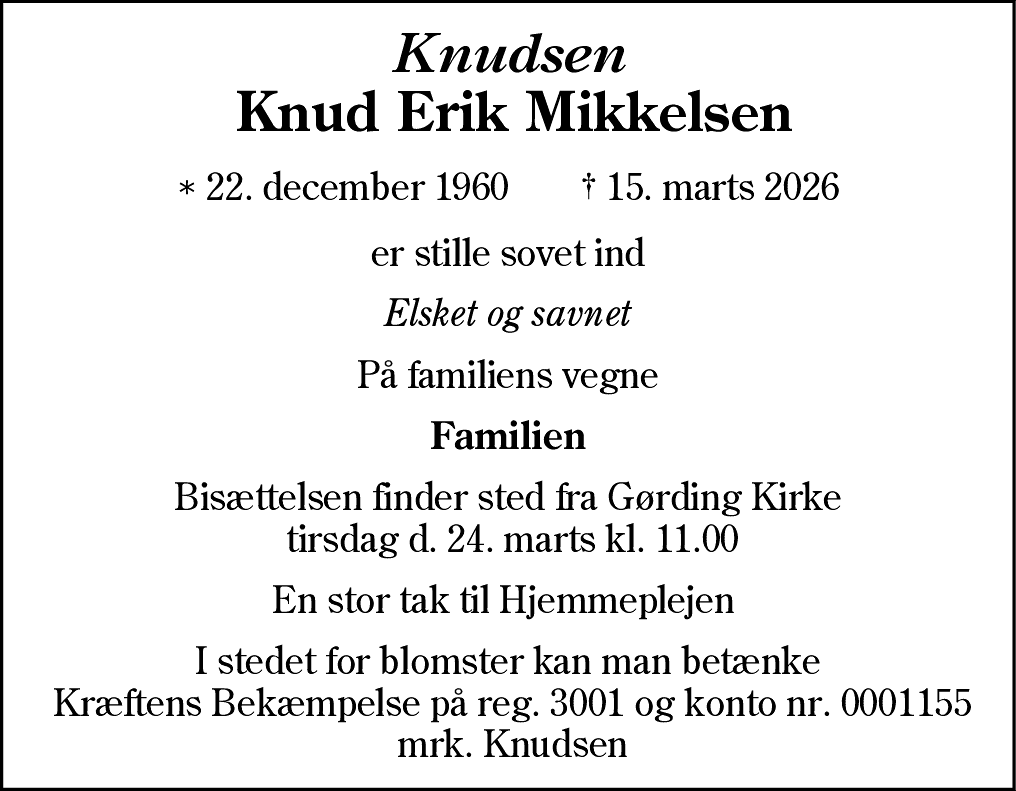 Dødsannonce for Knud Erik Mikkelsen