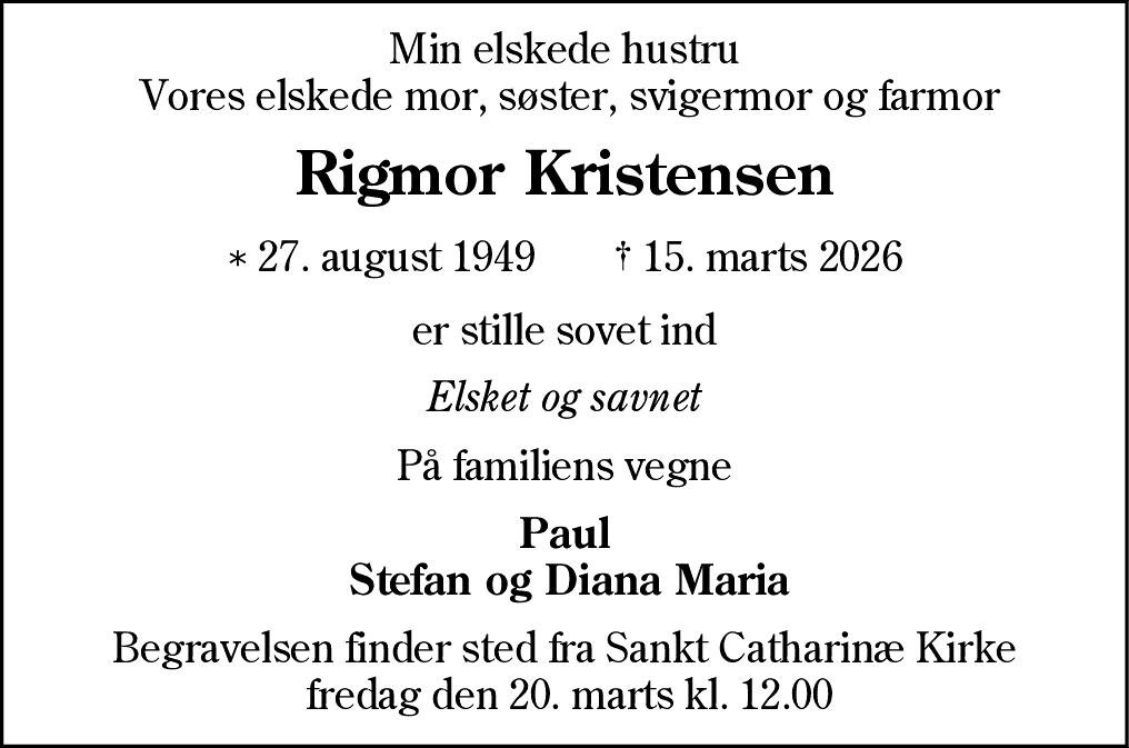 Dødsannonce for Rigmor Kristensen