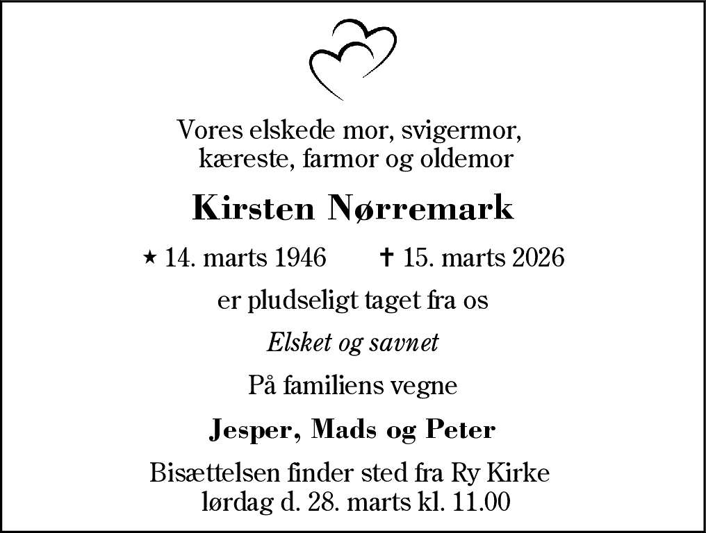 Dødsannonce for Kirsten Nørremark