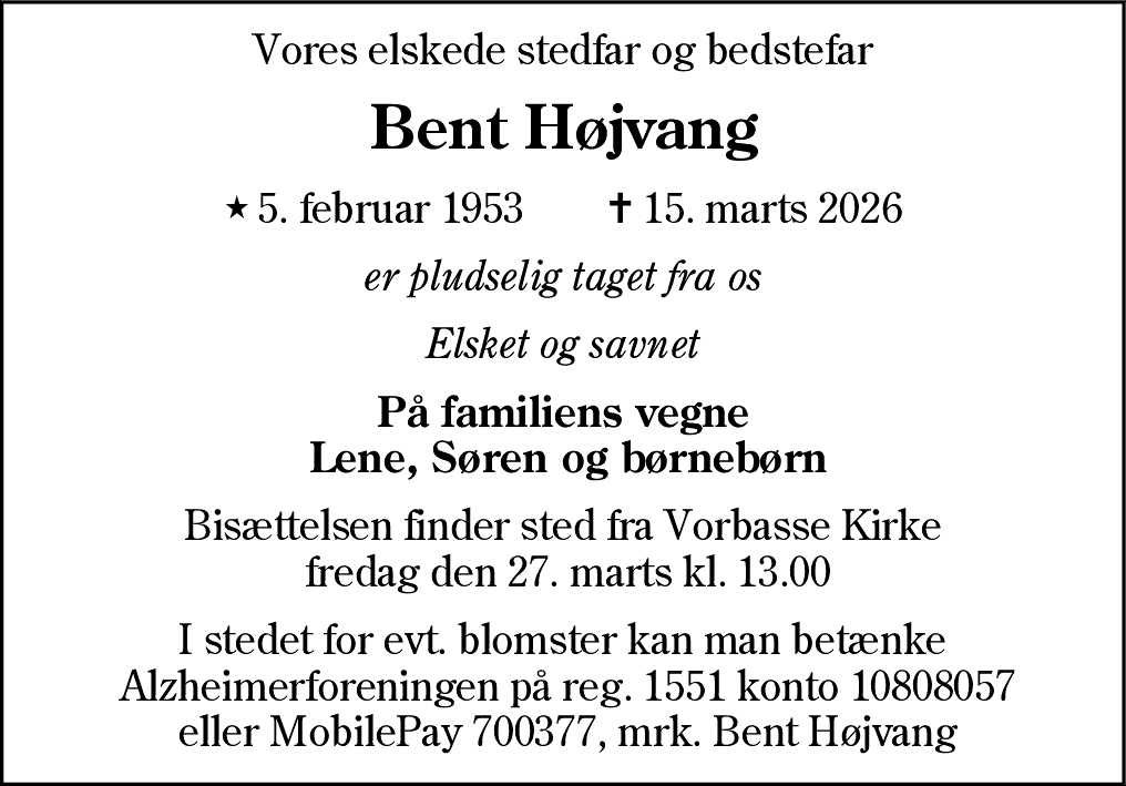 Dødsannonce for Bent Højvang