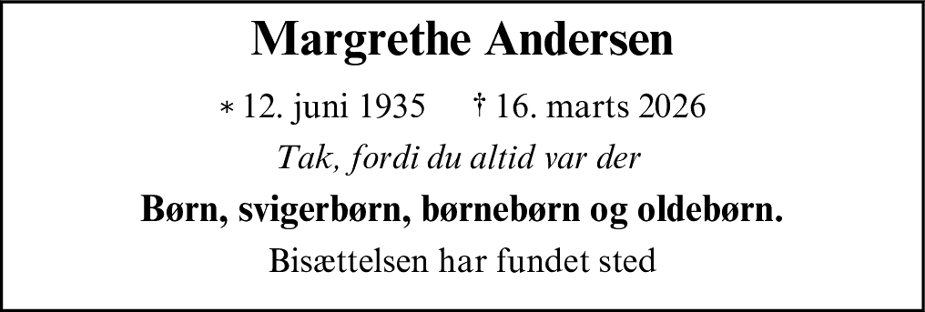 Dødsannonce for Margrethe Andersen