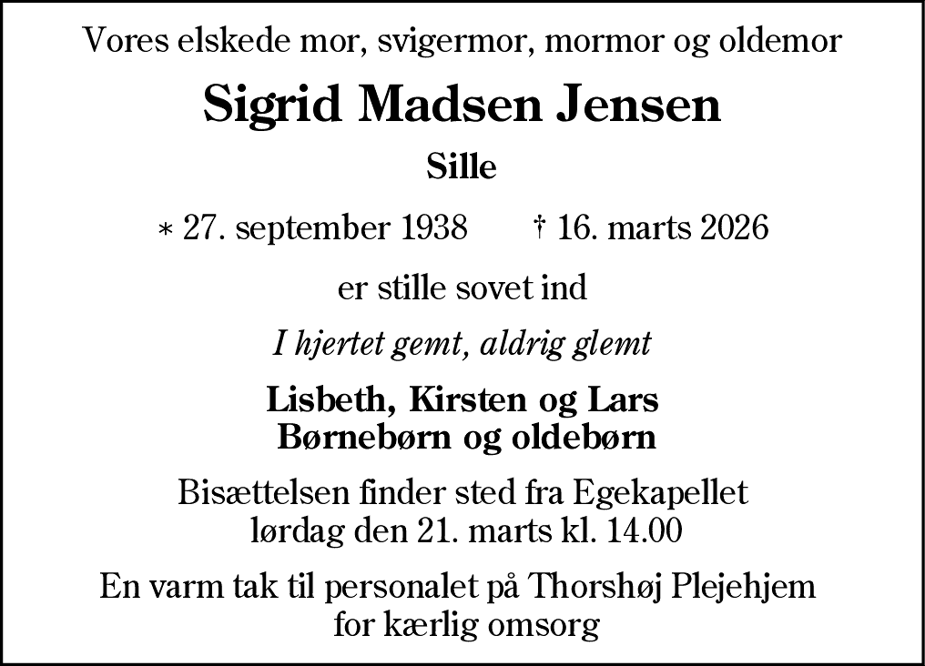 Dødsannonce for Sigrid Madsen Jensen