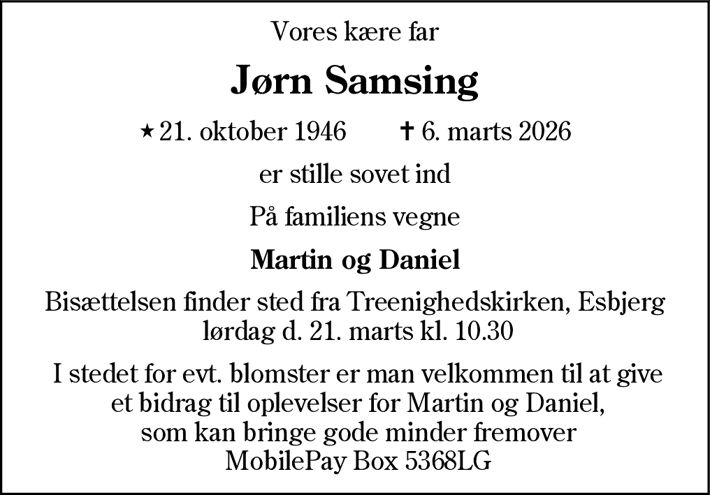 Dødsannonce for Jørn Samsing