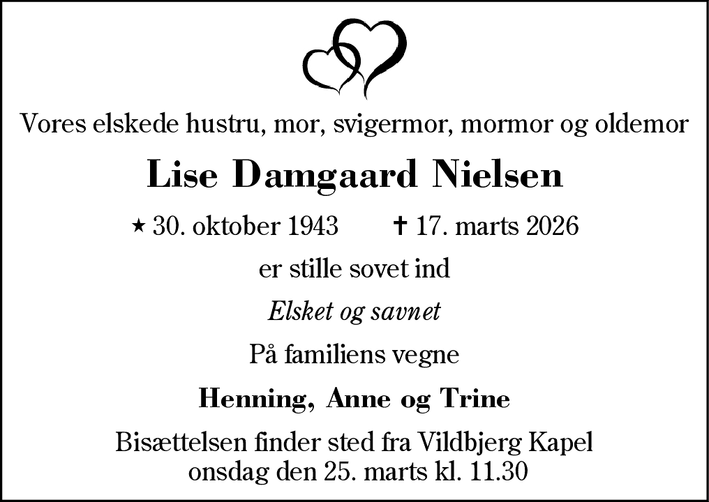 Dødsannonce for Lise Damgaard Nielsen
