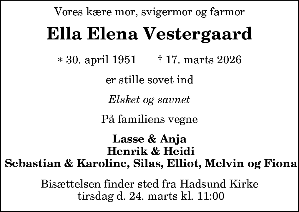 Dødsannonce for Ella Elena Vestergaard