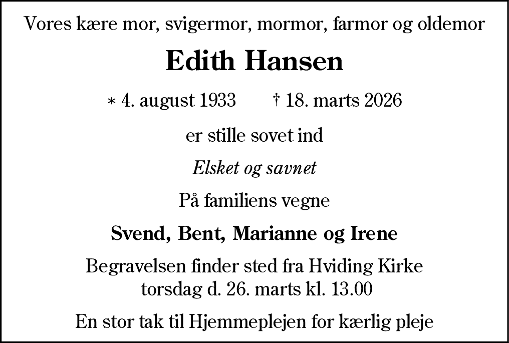 Dødsannonce for Edith Hansen