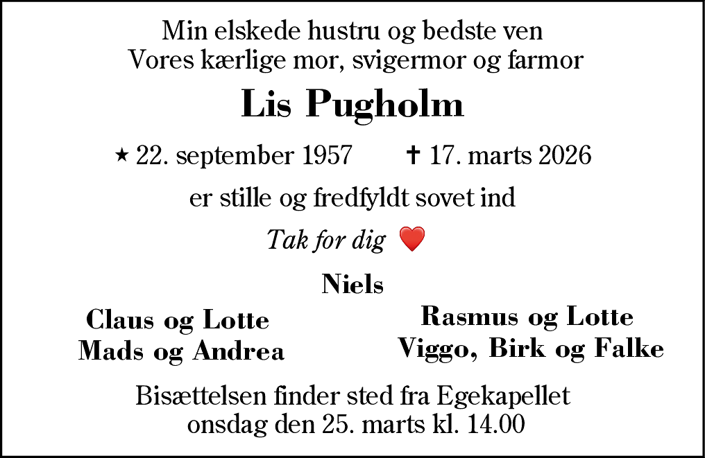 Dødsannonce for Lis Merete Pugholm