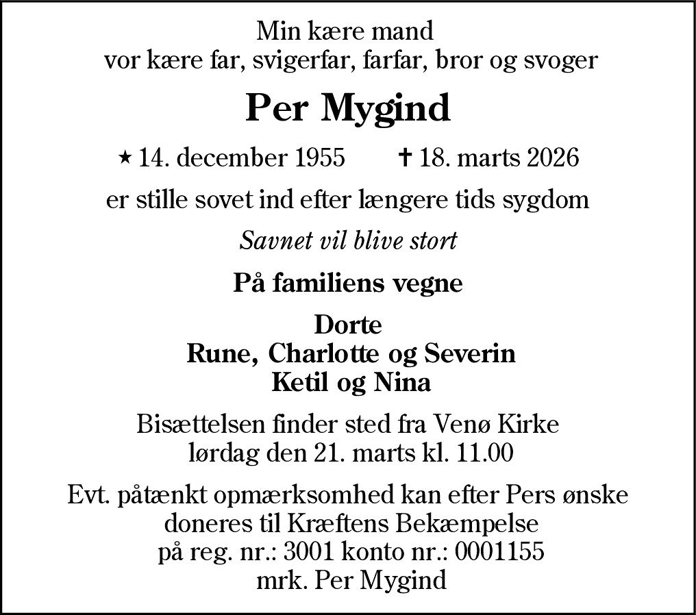 Dødsannonce for Per Mygind