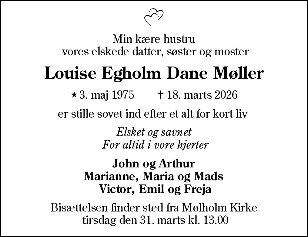 Dødsannonce for Louise Egholm Dane Møller