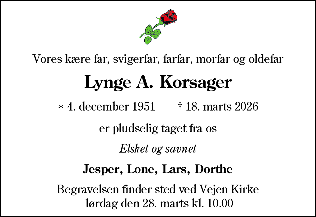 Dødsannonce for Lynge Andersen Korsager