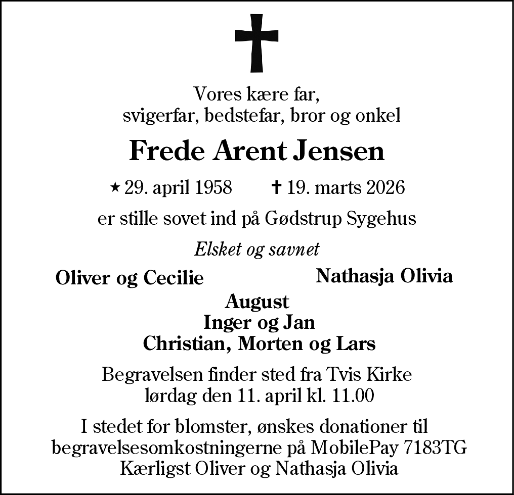 Dødsannonce for Frede Arent Jensen