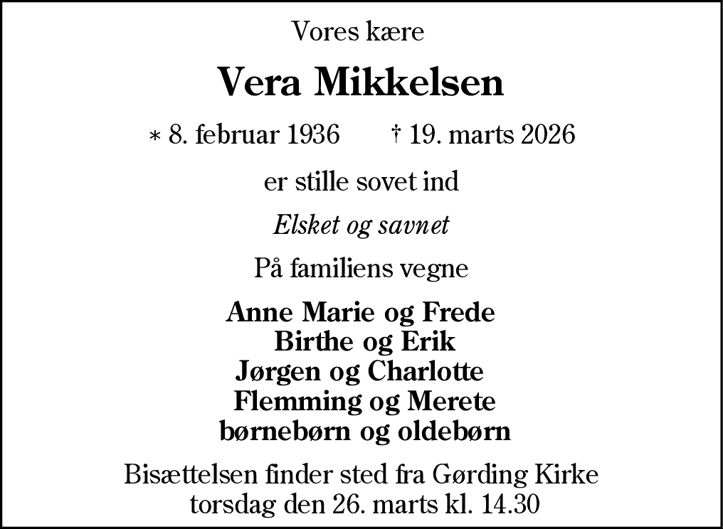 Dødsannonce for Vera Mikkelsen