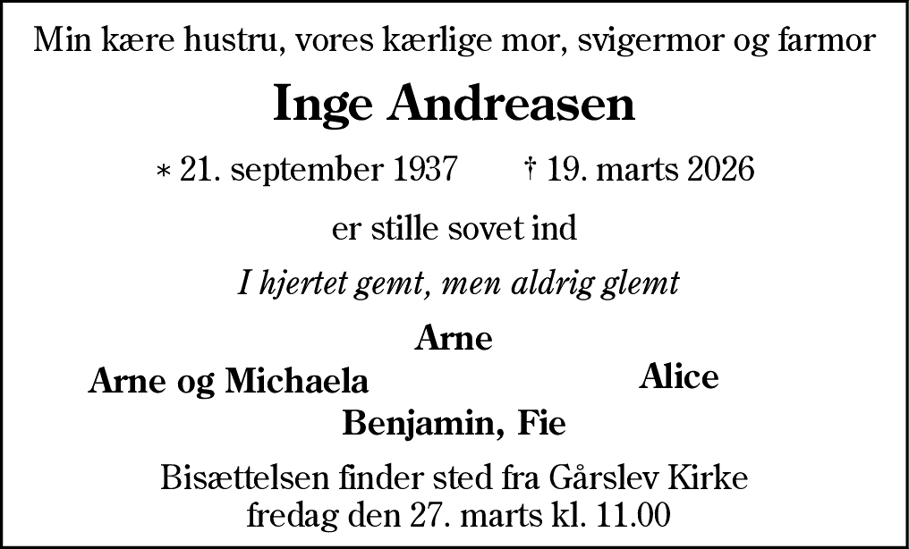 Dødsannonce for Inge Kristine Schmidt Andreasen