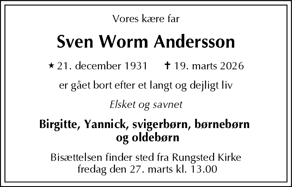 Dødsannonce for Sven Worm Andersson