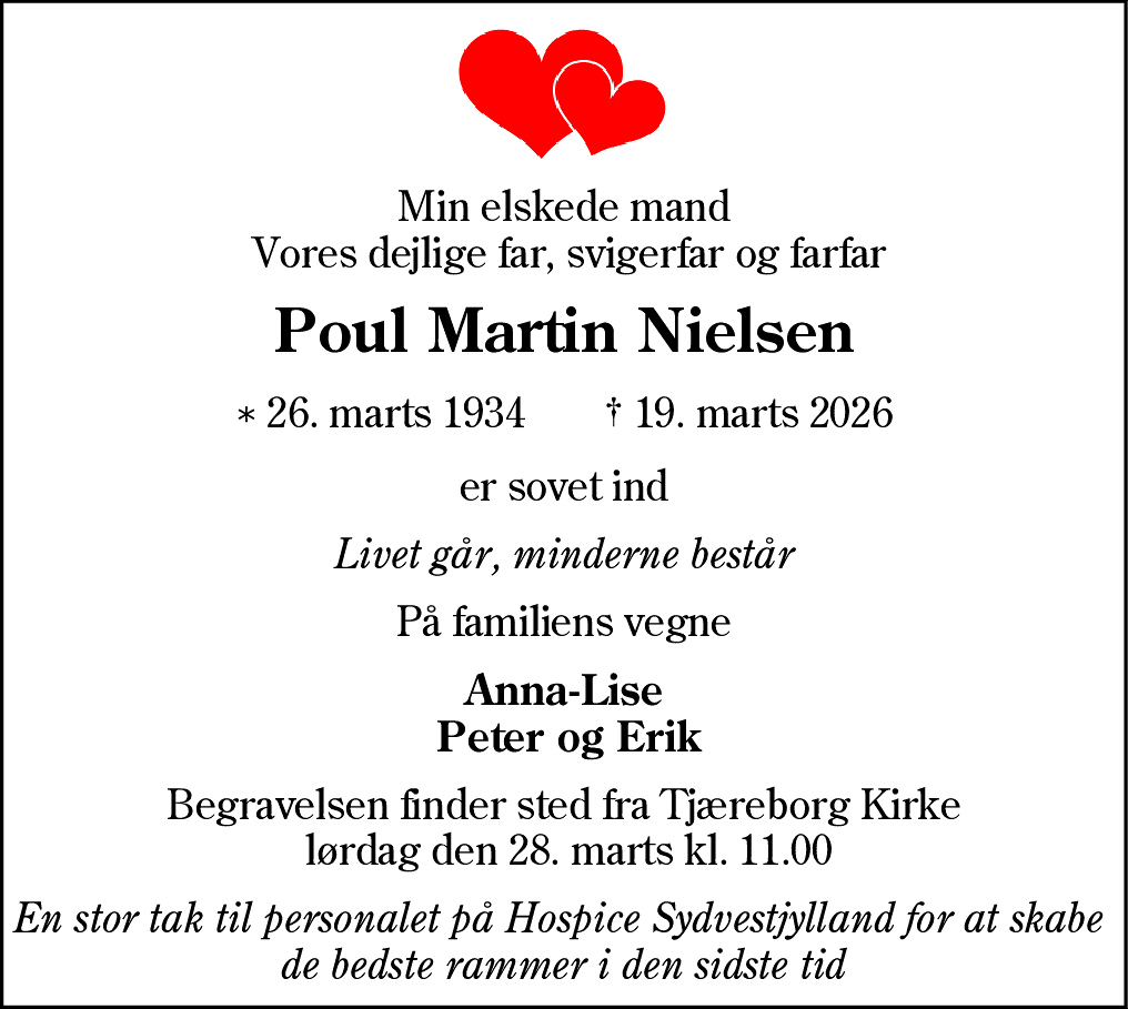 Dødsannonce for Poul Martin Nielsen