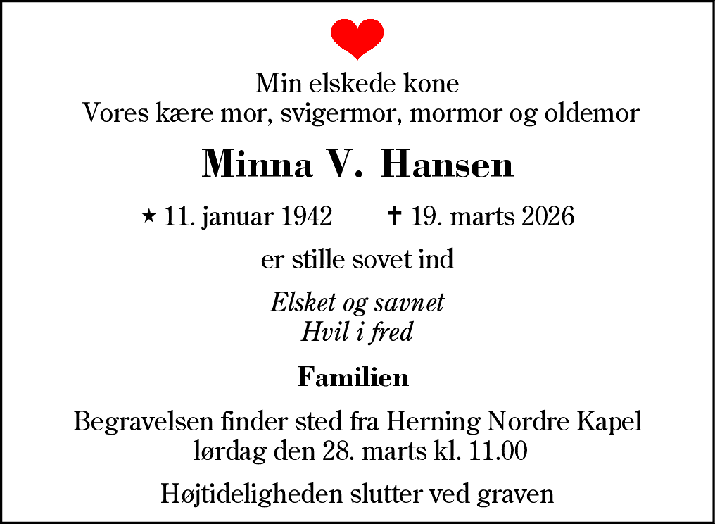 Dødsannonce for Minna Vestergaard Hansen