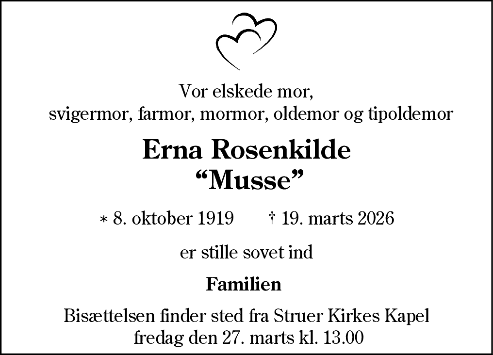 Dødsannonce for Erna Rosenkilde