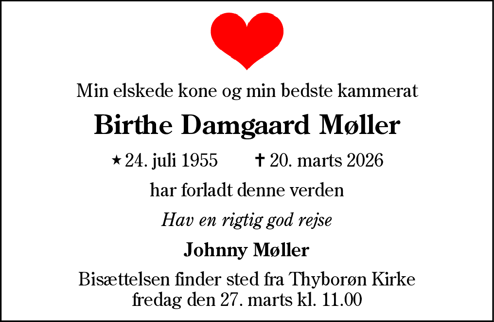 Dødsannonce for Birthe Damgaard Møller