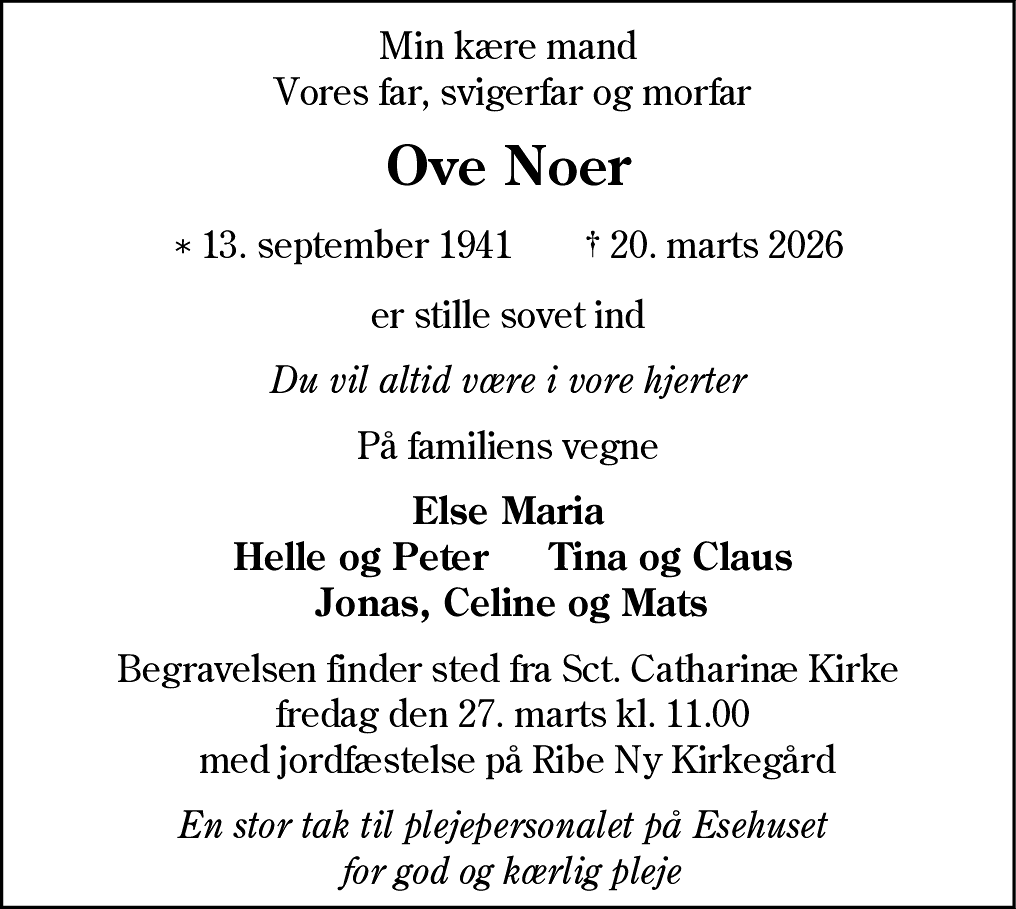 Dødsannonce for Ove Noer