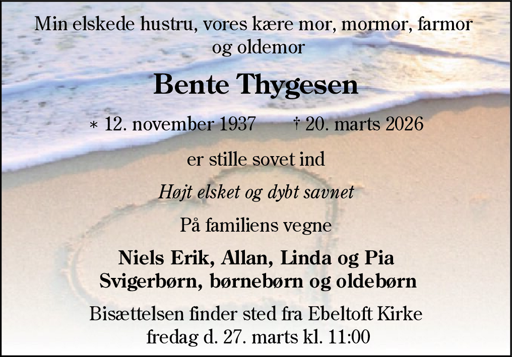 Dødsannonce for Bente Thygesen