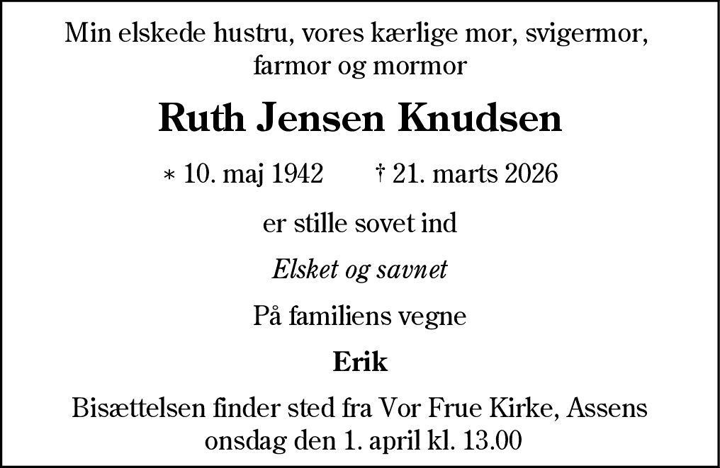 Dødsannonce for Ruth Jensen Knudsen