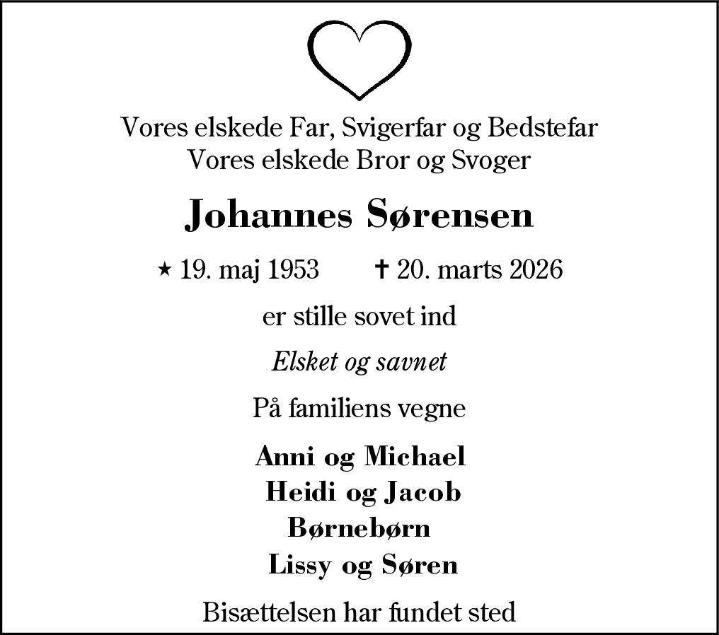 Dødsannonce for Johannes Sørensen