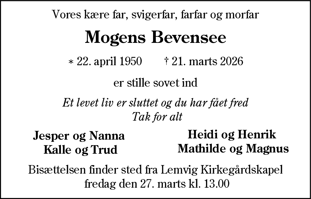Dødsannonce for Mogens Bevensee