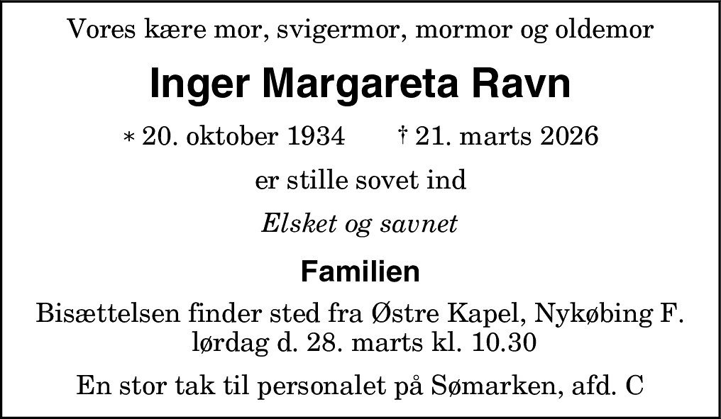 Dødsannonce for Inger Margareta Ravn