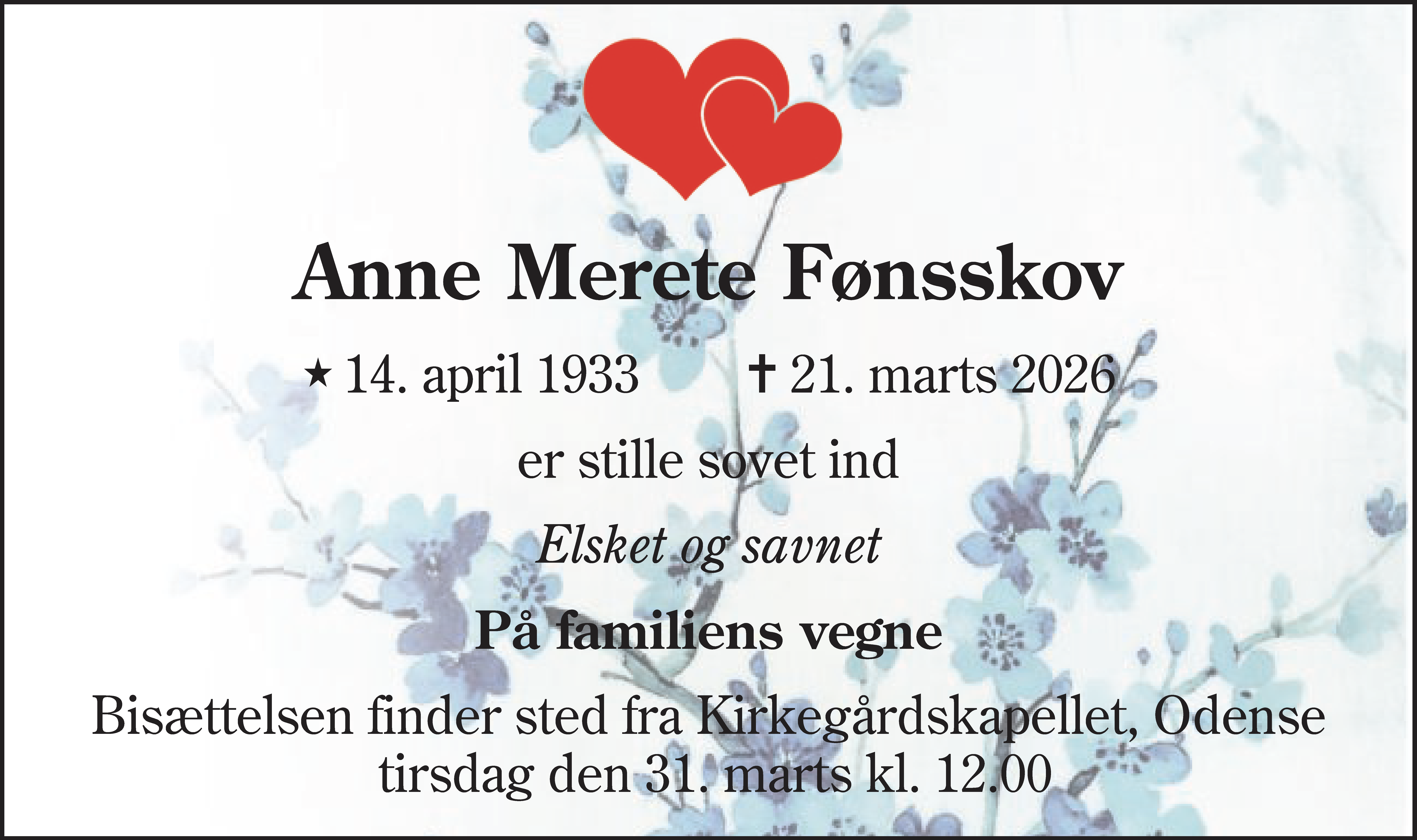 Dødsannonce for Anne Merete Fønsskov