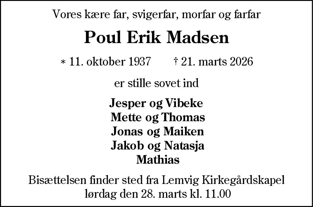Dødsannonce for Poul Erik Madsen