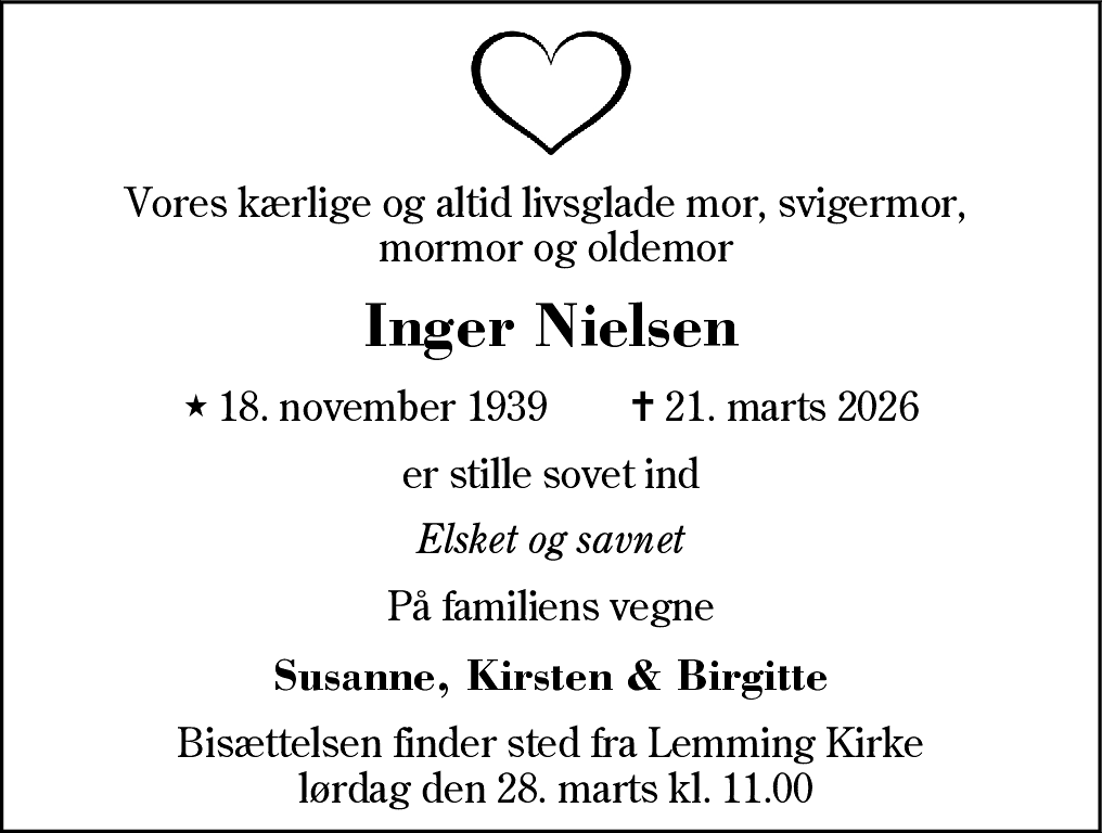 Dødsannonce for Inger Nielsen