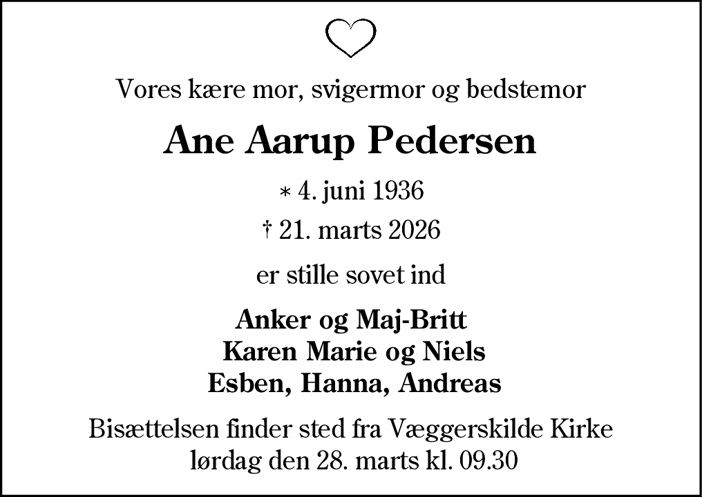 Dødsannonce for Ane Aarup Pedersen