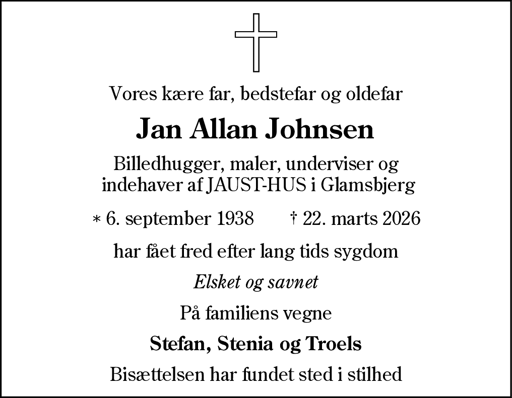 Dødsannonce for Jan Allan Johnsen