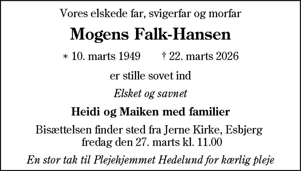 Dødsannonce for Mogens Sofus Falk-Hansen