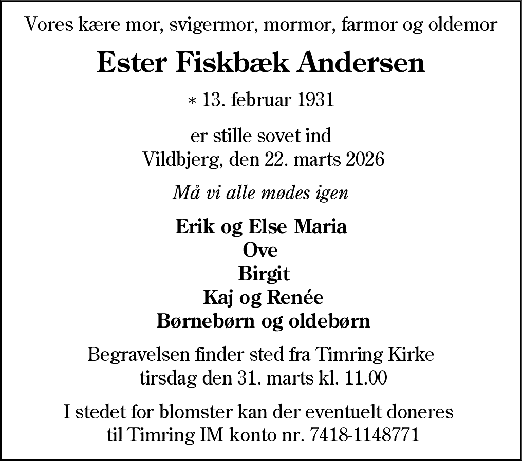 Dødsannonce for Ester Fiskbæk Andersen