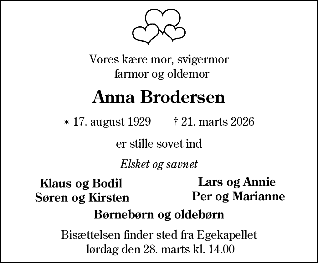 Dødsannonce for Anna Cathrine Brodersen