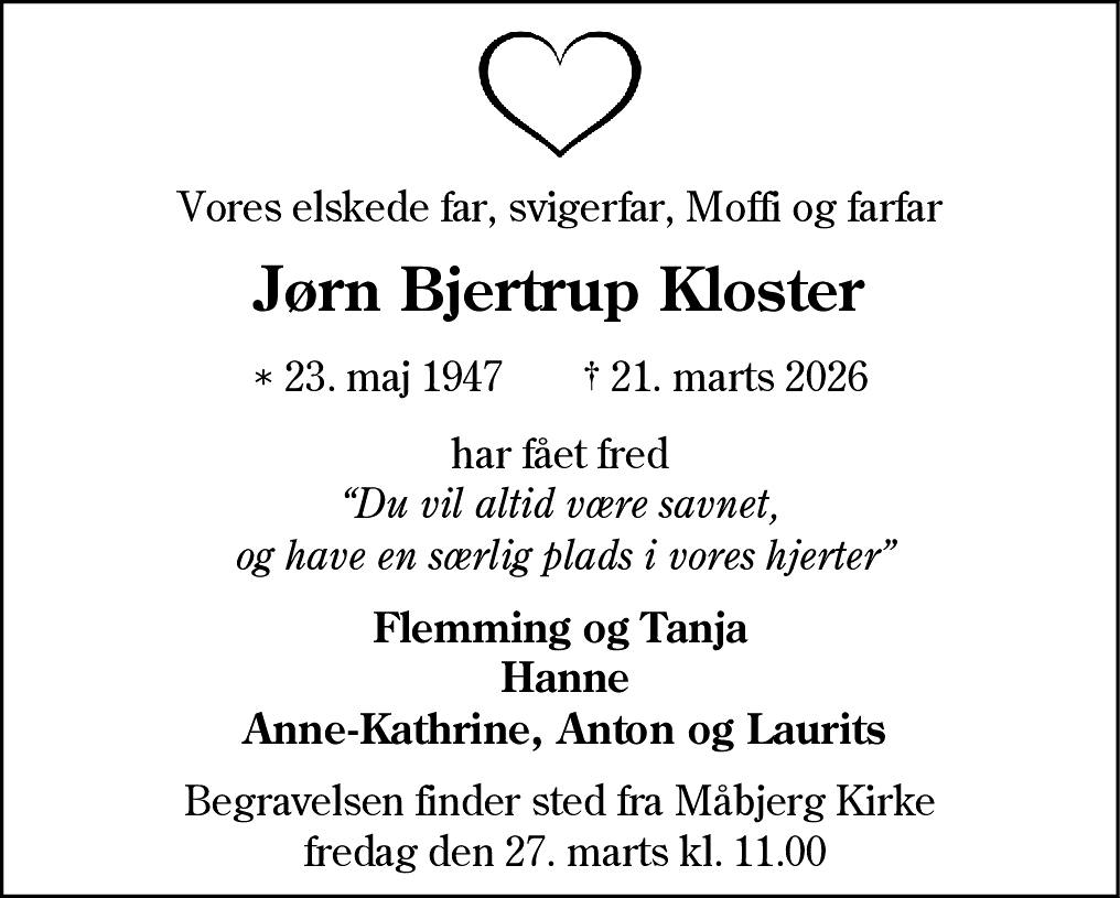 Dødsannonce for Jørn Bjertrup Kloster