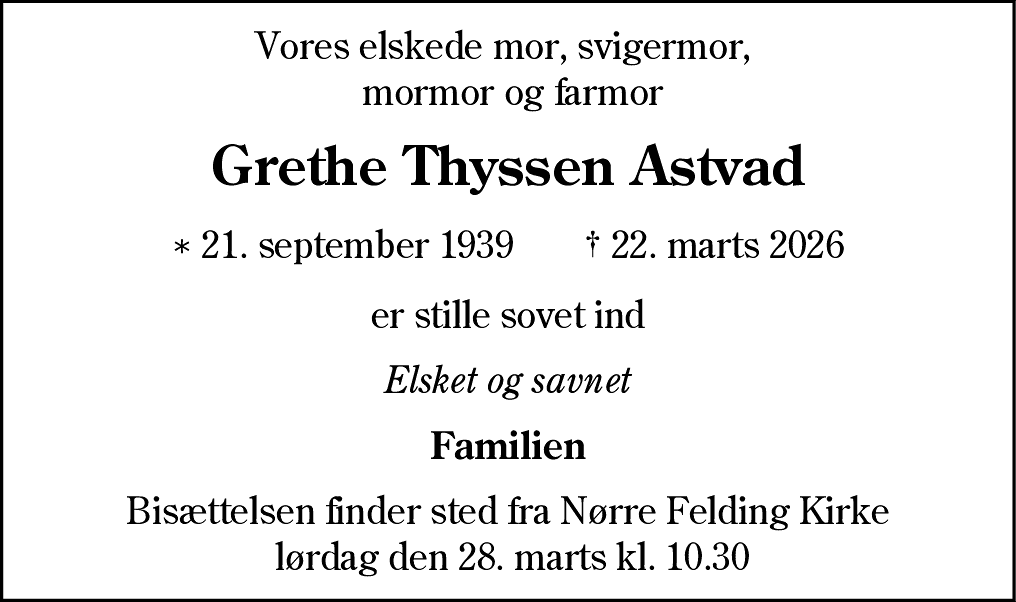Dødsannonce for Grethe Thyssen Astvad