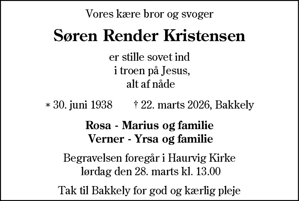 Dødsannonce for Søren Render Kristensen