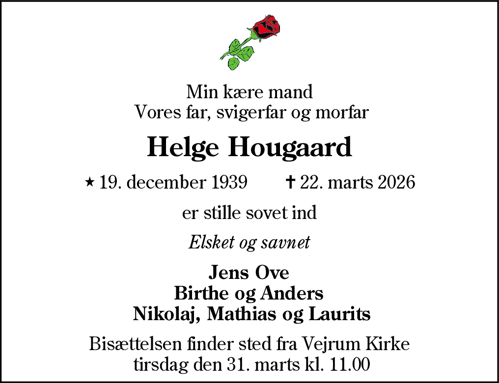 Dødsannonce for Helge Hougaard