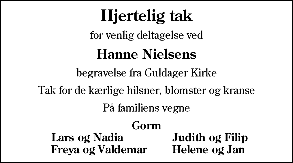 Dødsannonce for Hanne Nielsen