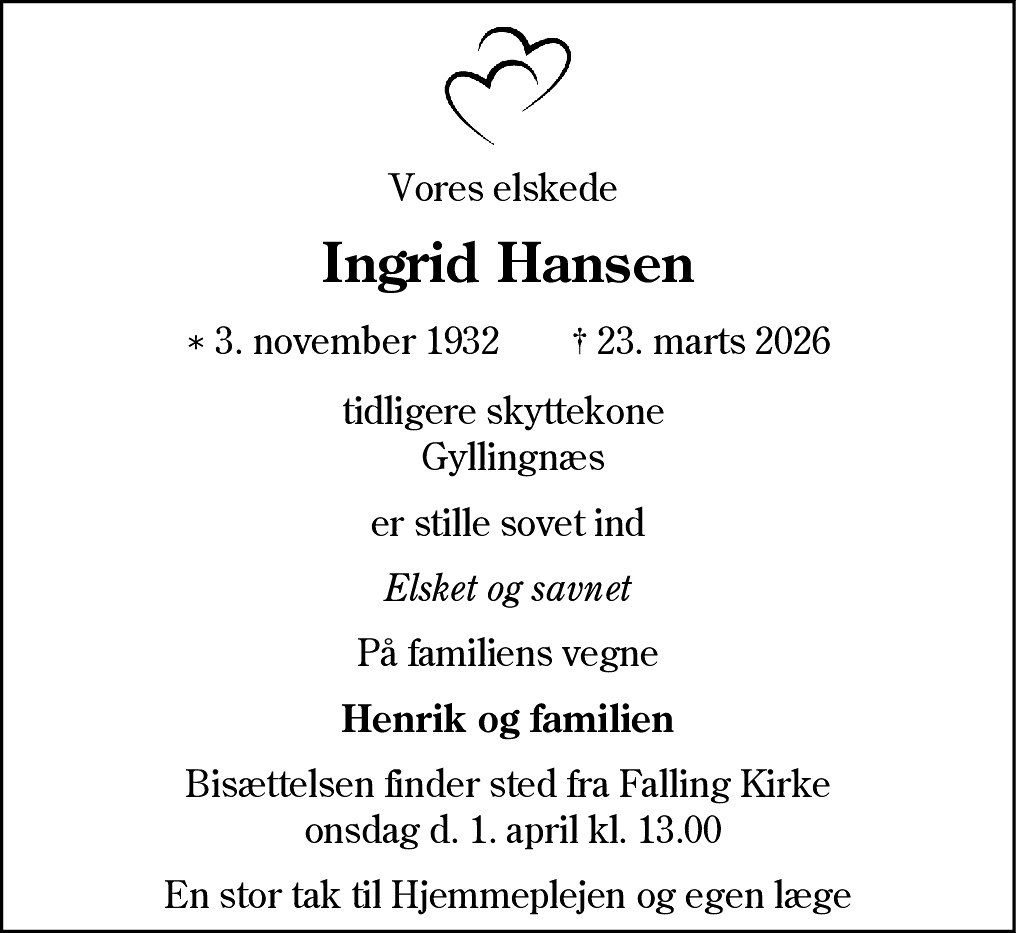 Dødsannonce for Ingrid Hansen