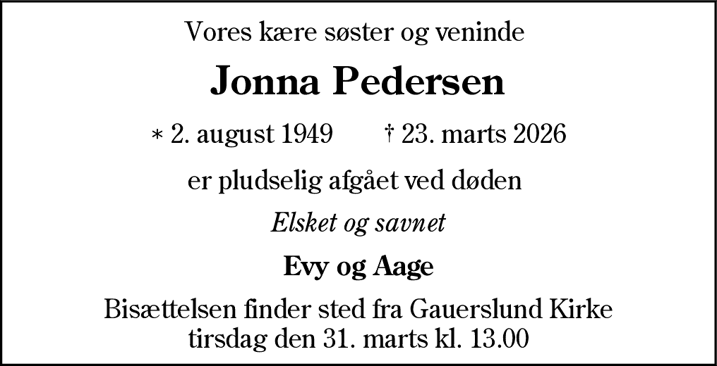 Dødsannonce for Jonna Pedersen