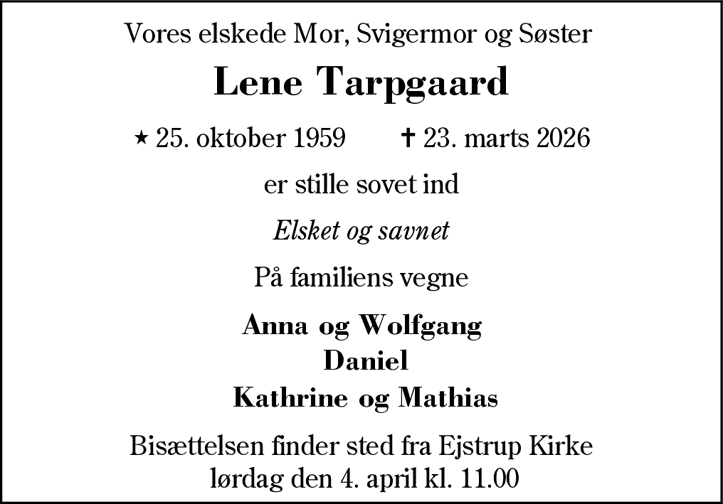 Dødsannonce for Lene Tarpgaard