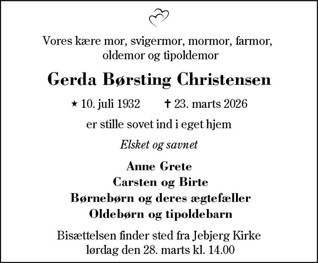 Dødsannonce for Gerda Børsting Christensen