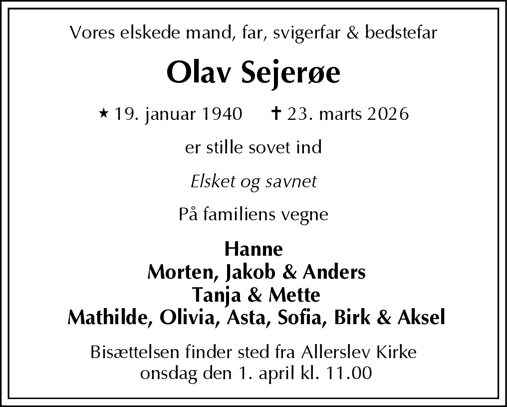 Dødsannonce for Olav Sejerøe