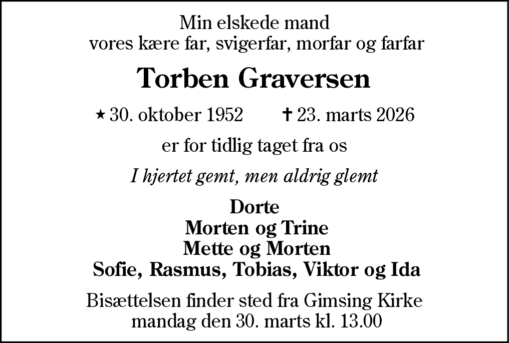 Dødsannonce for Torben Gadegaard Graversen