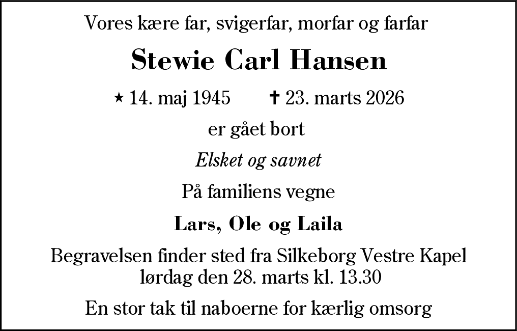 Dødsannonce for Stevie Carl Hansen