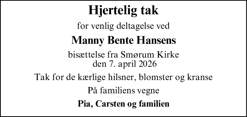 Dødsannonce for Manny Bente Hansen
