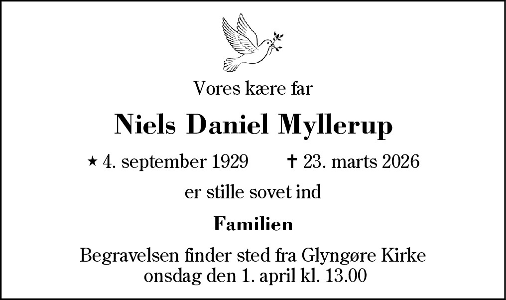 Dødsannonce for Niels Daniel Myllerup